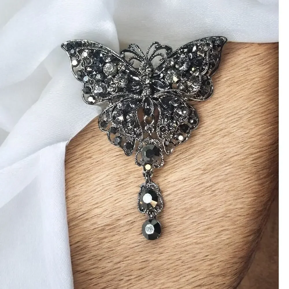 Smokey Crystal Butterfly Brooch Antique Tone Art Deco Style Dangle – Dark Glam